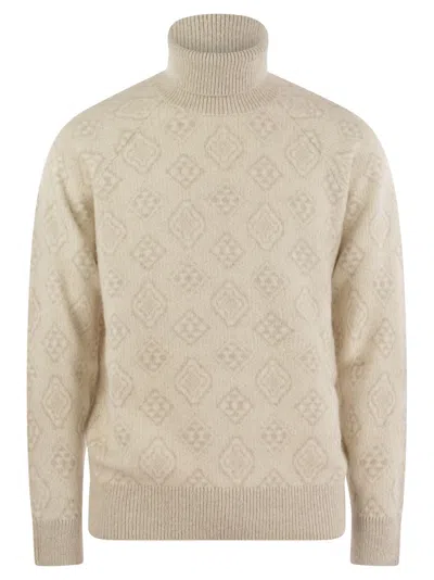 Brunello Cucinelli Geometric Jacquard Turtleneck Sweater In Alpaca, Cotton And Wool In White