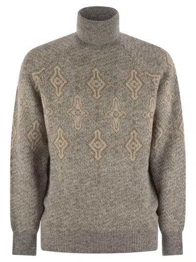 BRUNELLO CUCINELLI GEOMETRIC JACQUARD TURTLENECK SWEATER IN ALPACA, COTTON AND WOOL