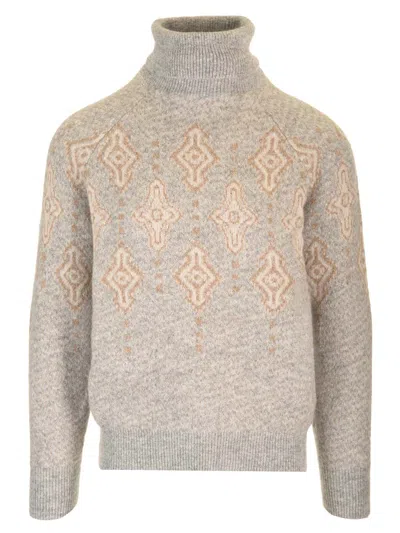 Brunello Cucinelli Geometric Jacquard Turtleneck Sweater Knitwear Beige In Gray