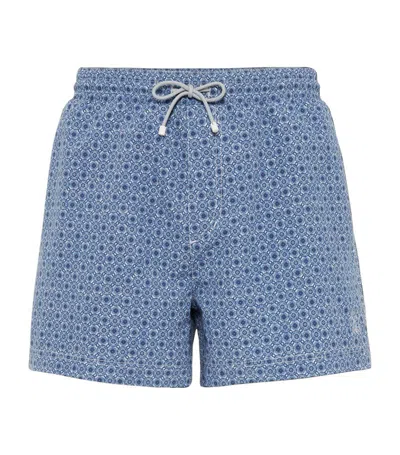 Brunello Cucinelli Men's Geometric Print Microfiber Swim Shorts In Blue