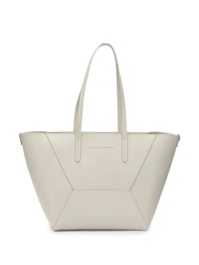 Brunello Cucinelli Geometric-panel Leather Shoulder Bag In White