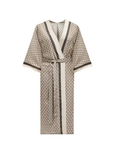Brunello Cucinelli Geometric-print Silk Robe In Brown