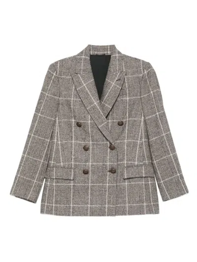 BRUNELLO CUCINELLI ALPACA AND WOOL PRINCE OF WALES DOUBLE-BREASTED BLAZER WITH MONILI