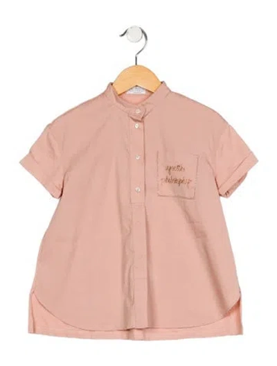 Pre-owned Brunello Cucinelli Babies' Girls' Embroidered Short Sleeve Button Up Shirt In Neutral