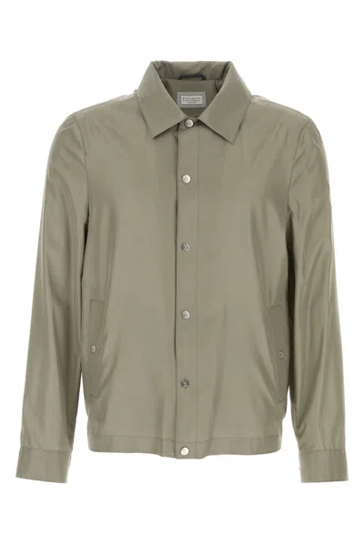 Brunello Cucinelli Men Grey Silk Blend Jacket In Green