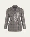 Brunello Cucinelli Glam Check Sequined Double-breasted Blazer In Gray