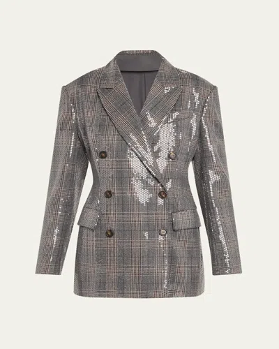 BRUNELLO CUCINELLI GLAM CHECK SEQUINED DOUBLE-BREASTED BLAZER