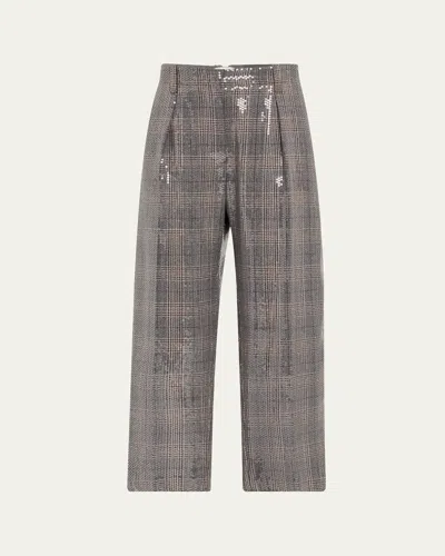 BRUNELLO CUCINELLI GLAM CHECK SEQUINED PLEATED CROP TROUSERS