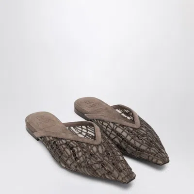 Brunello Cucinelli Glistening Abstract Embroidery Suede Sabots Women In Brown