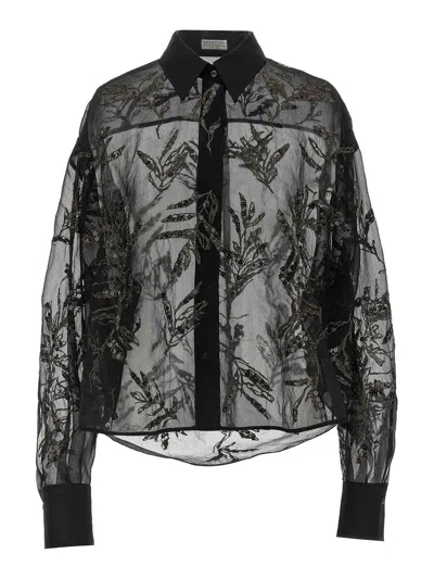 Brunello Cucinelli Glistening Flora Embroidery Shirt In Black