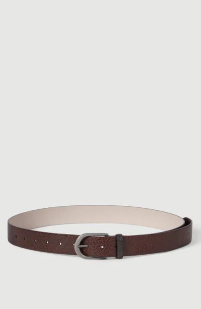 Brunello Cucinelli Glossy Hammered Calfskin Belt With Monili In Brown