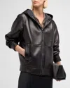 Brunello Cucinelli Glove Leather Zip-up Hooded Jacket In C101 Black