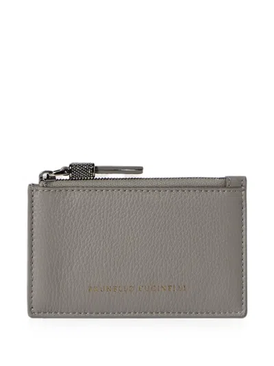 Brunello Cucinelli Grained Calfskin Card Case With Shiny Zipper Pull In 그레이