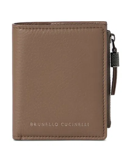 Brunello Cucinelli Grained Calfskin Compact Wallet With Shiny Zipper Pull In Brown
