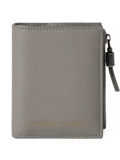 Brunello Cucinelli Grained Calfskin Compact Wallet With Shiny Zipper Pull In Red