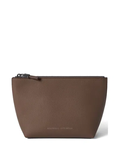 Brunello Cucinelli Grained Calfskin Pouch With Shiny Zipper Pull In Brown