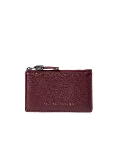 Brunello Cucinelli Grained Leather Card Case With Shiny Zipper Pull In Amaranth