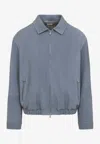 Brunello Cucinelli Suede Jacket Collared Design Elasticated Hem Pockets In Blue