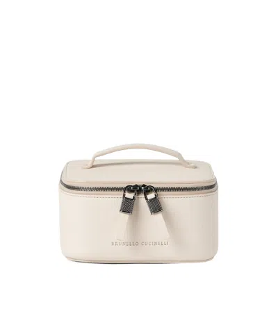 Brunello Cucinelli Grained Leather Jewelry Box With Shiny Zipper Pull In Neutral