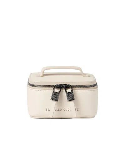 Brunello Cucinelli Grained Leather Small Jewelry Box With Shiny Zipper Pull In White