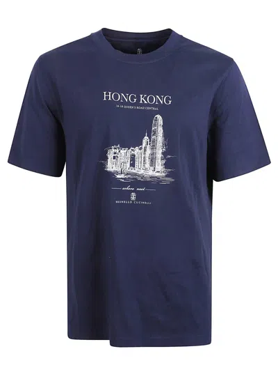 Brunello Cucinelli Graphic Print Cotton T-shirt In Blue