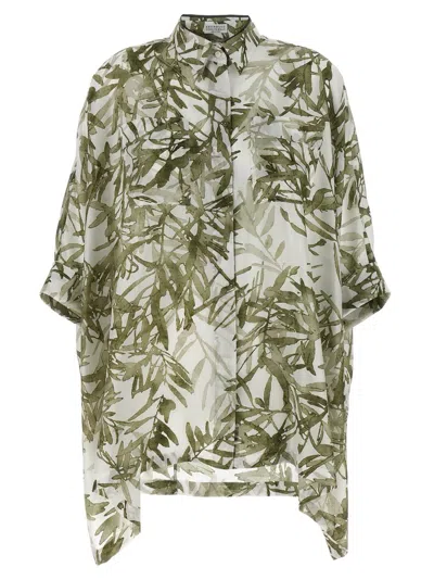 Brunello Cucinelli Leaf Print Sheer Fabric High-low Hem Shirt In Multi