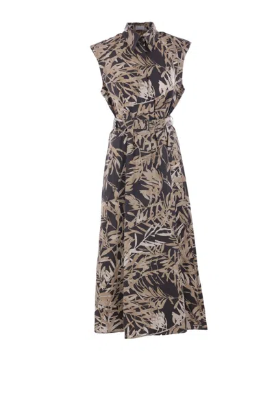 Brunello Cucinelli Leaf-print Sleeveless Cotton Dress In Multi