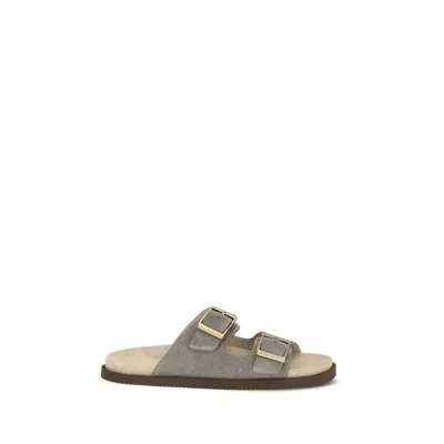 Brunello Cucinelli Gray Calf Leather Bos Taurus Flat Sandals