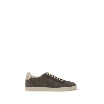 Brunello Cucinelli Gray Calf Leather Bos Taurus Low Top Sneakers In Animal Print
