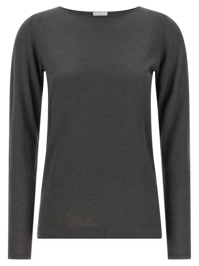 Brunello Cucinelli Sparkling Boat Neck Long Sleeve Sweater In Gray
