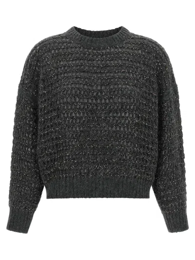 Brunello Cucinelli Braided Stripe Wool Cashmere Sweater In Gray