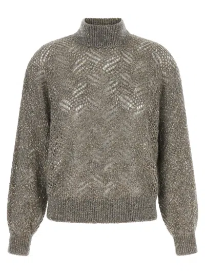 Brunello Cucinelli Abstract Leaf Sequin Mohair Turtleneck Sweater In Brown