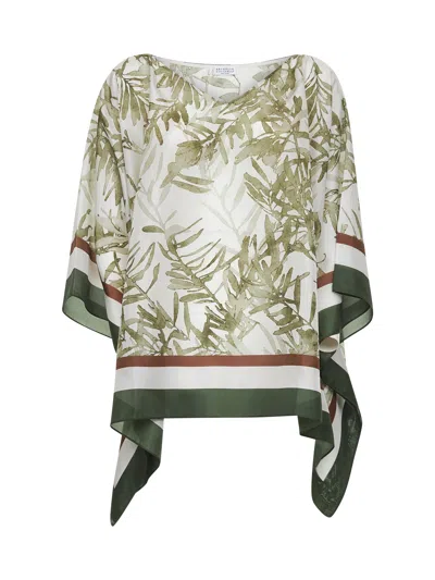 BRUNELLO CUCINELLI GREEN HERBARIUM PRINT PONGÉE TOP WITH MONILI