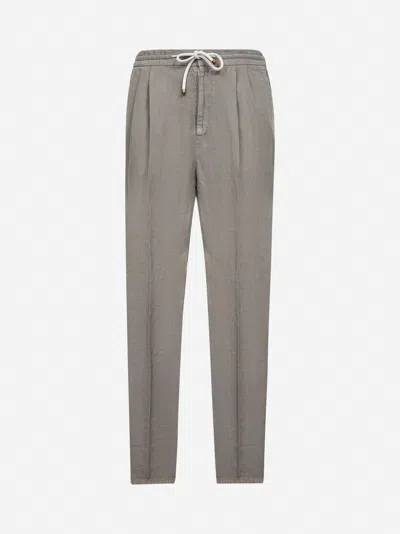 Brunello Cucinelli Men Green Linen Leisure Fit Trousers In Gray