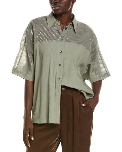 Brunello Cucinelli Sequin-embellished Sheer-yoke Shirt In Green