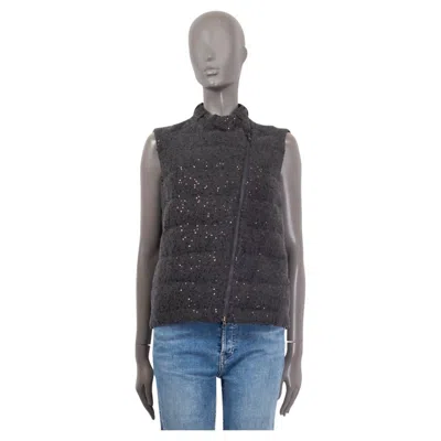 Pre-owned Brunello Cucinelli Grey Cashmere Sequin Down Puffer Vest Jacket 44 L In Gray