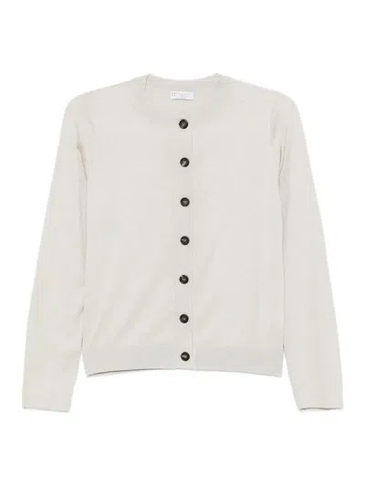 Brunello Cucinelli Grey Cashmere Silk Polyamide Cardigan In White