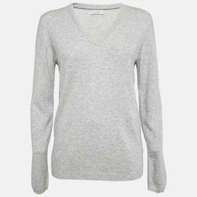 Pre-owned Brunello Cucinelli Grey Cashmere Suede Applique Detail Sweater L