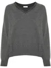 Brunello Cucinelli Knitted Cashmere V-neck Sweater With Ribbed Cuffs In Grey