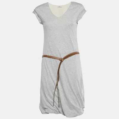 Pre-owned Brunello Cucinelli Grey Cotton Knit Belted T-shirt Dress M In Gray