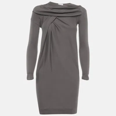Pre-owned Brunello Cucinelli Grey Cotton Knit Pleated Neck Dress Xs In Gray