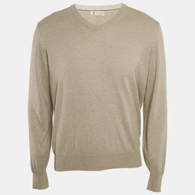 Pre-owned Brunello Cucinelli Grey Cotton Knit V-neck T-shirt L In Gray