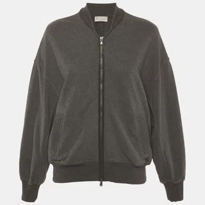 Pre-owned Brunello Cucinelli Grey Cotton Knit Zip Up Sweatshirt M In Gray