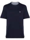 BRUNELLO CUCINELLI NAVY BLUE HEATHER GREY COTTON T-SHIRT WITH LAYERED-EFFECT TRIM AND EMBROIDERED LOGO FOR MEN