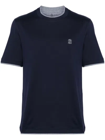 BRUNELLO CUCINELLI NAVY BLUE HEATHER GREY COTTON T-SHIRT WITH LAYERED-EFFECT TRIM AND EMBROIDERED LOGO FOR MEN