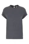 BRUNELLO CUCINELLI GREY CREWN NECK T-SHIRT WITH PEARLS IN STRETCH COTTON WOMAN