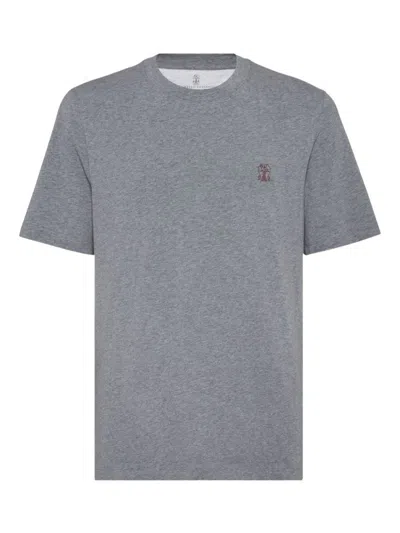 BRUNELLO CUCINELLI GREY CREWNECK LOGO T-SHIRT