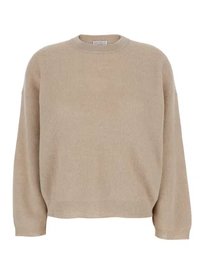 BRUNELLO CUCINELLI GREY CREWNECK SWEATER WITH DROPPED SHOULDERS IN WOOL AND COTTON BLEND WOMAN