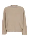 Brunello Cucinelli Grey Crewneck Sweater With Dropped Shoulders In Wool And Cotton Blend Woman In Multicolor
