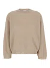Brunello Cucinelli Grey Crewneck Sweater With Dropped Shoulders In Wool And Cotton Blend Woman In Neutrals